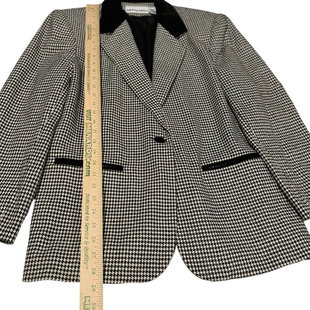 Y2K Parsons Place Vtg Houndstooth Blazer Black White Velvet Collar Wool Blend 12 - Picture 2 of 5